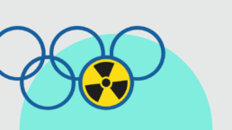 Olympic Rings logo with a nuclear symbol replacing one of the rings against a green and white background