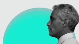 Rahm Emanuel in profile on a green and white background