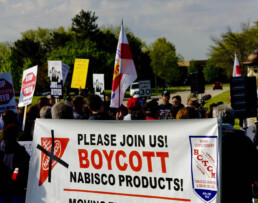 A banner encourages boycotting Nabisco products with a protest in the background
