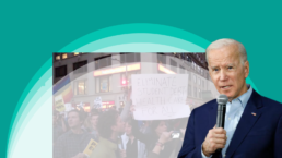 A student debt protest in the background with President Biden superimposed in the foreground