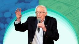 bernie sanders on a background of stylized money and pills