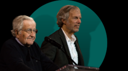 Robert Pollin and Noam Chomsky against a green and black backdrop