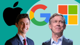 Jon Ossoff and John Hickenlooper in front of Apple, Google, and Microsoft logos