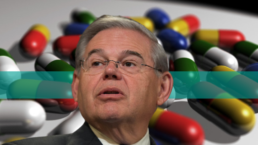Sen. Robert Menendez against a background of pills