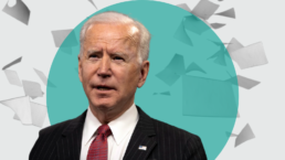 Pres. Biden against a background of blowing papers and a green circle