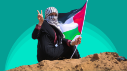 palestinian woman holding up peace sign with Palestine flag