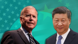 President Biden and Secretary Xi against a US/China flag background overlaid with a green circle