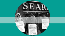 Striking Sears workers framed in a circle with a green background and a white bar