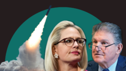 Joe Manchin and Kyrsten Sinema against a green background with a rocket firing behind it