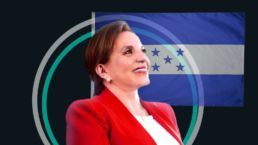 Xiomara Castro against a black background with the Honduran flag