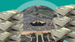The pentagon building appears behind two stacks of money