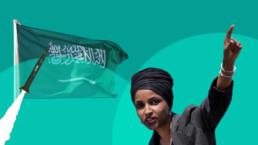 Ilhan Omar stands in front of a Saudi Arabian flag with a missile flying through it