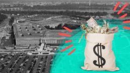 Pentagon and a bag of cash representing their yearly blank check