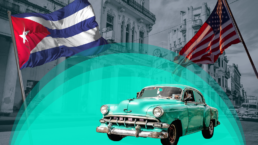 classic car in cuba under an american cuban flags
