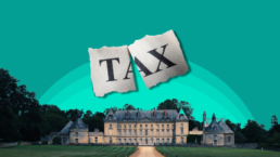 tax cut for the rich, the word tax is cut in half above a giant mansion