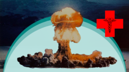 A mushroom cloud appears next to a red cross and caduceus symbol