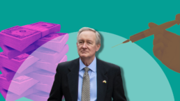 Mike Crapo next to a money stack and a hand holding a syringe