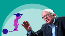 Bernie Sanders in front of an image of a graduating student with a ball and chain around their ankle