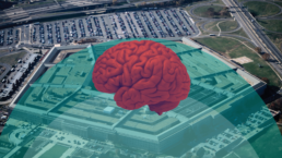 The Pentagon building overlaid with a picture of a brain