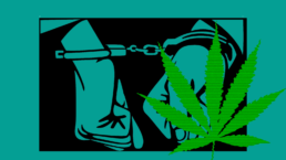 Hands in handcuffs with a marijuana leaf overlaid