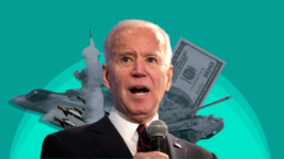 Joe biden in front of military weapons and money