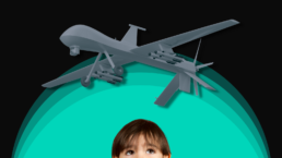 child looking up at drone