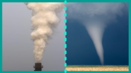 exhaust from a smoke stack on the left and a tornado on the right