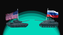 u.s. and russian tanks with flags pointing at each other