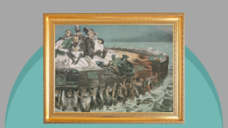 A picture frame shows a picture of capitalists sitting on a raft carried by workers