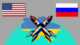 Missiles crossed over a picture of Ukraine, with the American and Russian flags in the background