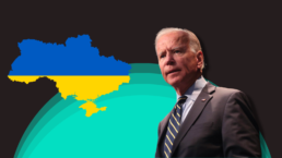 Joe Biden with a picture of Ukraine in the background
