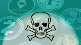 A poison warning signs appears over a background of various cryptocurrencies