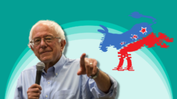 Bernie Sanders next to a disintegrating picture of the Democrat donkey