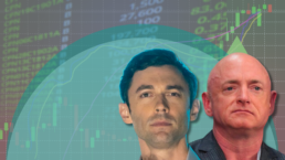 Sens. Jon Ossoff and Mark Kelly appear against a stock trading board