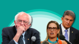 Bernie Sanders next to Kyrsten Sinema and Joe Manchin