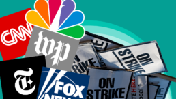 Various corporate media logos block a series of strike signs