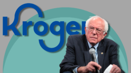 Bernie Sanders in front of the Kroger logo