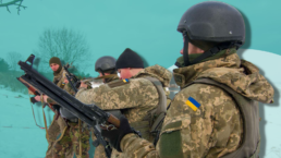 A line of Ukrainian soldiers doing field exercises