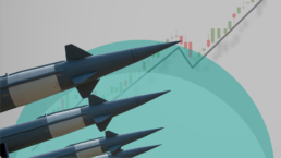 Four missiles point up with a chart of raising stock prices in the background