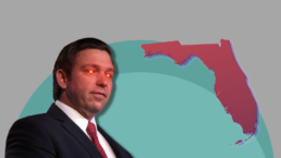 Ron DeSantis with red zombie eyes next to an outline of Florida