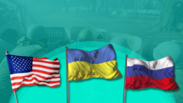 usa, ukraine, and russia flags in front of skirmish in ukraine