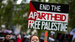 A woman holds a sign at an anti-apartheid in Israel rally