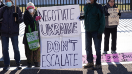 Washington, DC – January 27, 2022: Anti-war protesters at the White House call for peace at a rally demanding no war with Russia over the Ukraine crisis.