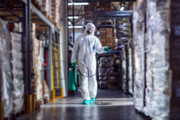 A man in protective gear decontaminates a warehouse