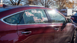BLM and free Palestine written on car window