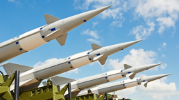 defense forces weapon. antiaircraft missles rockets with warhead aimed to the sky