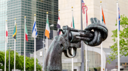 Non Violence Sculpture at the UN Headquarters in May 28, 2013. The in New York, New York. A Gun tied in a knot as symbol for reaching peace, gift from the Government of Luxembourg