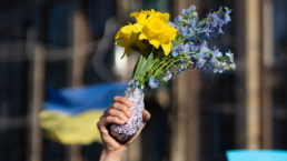 Person holding a jar of Ukraine fag colored flowers in a peaceful protest against the russian invasion of Ukraine.