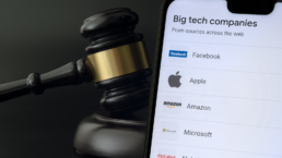 big tech companies on phone with judge gavel behind