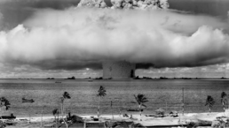 Black and white photo of a Nuclear blast over the ocean with palm trees and an idyllic beach in the foreground